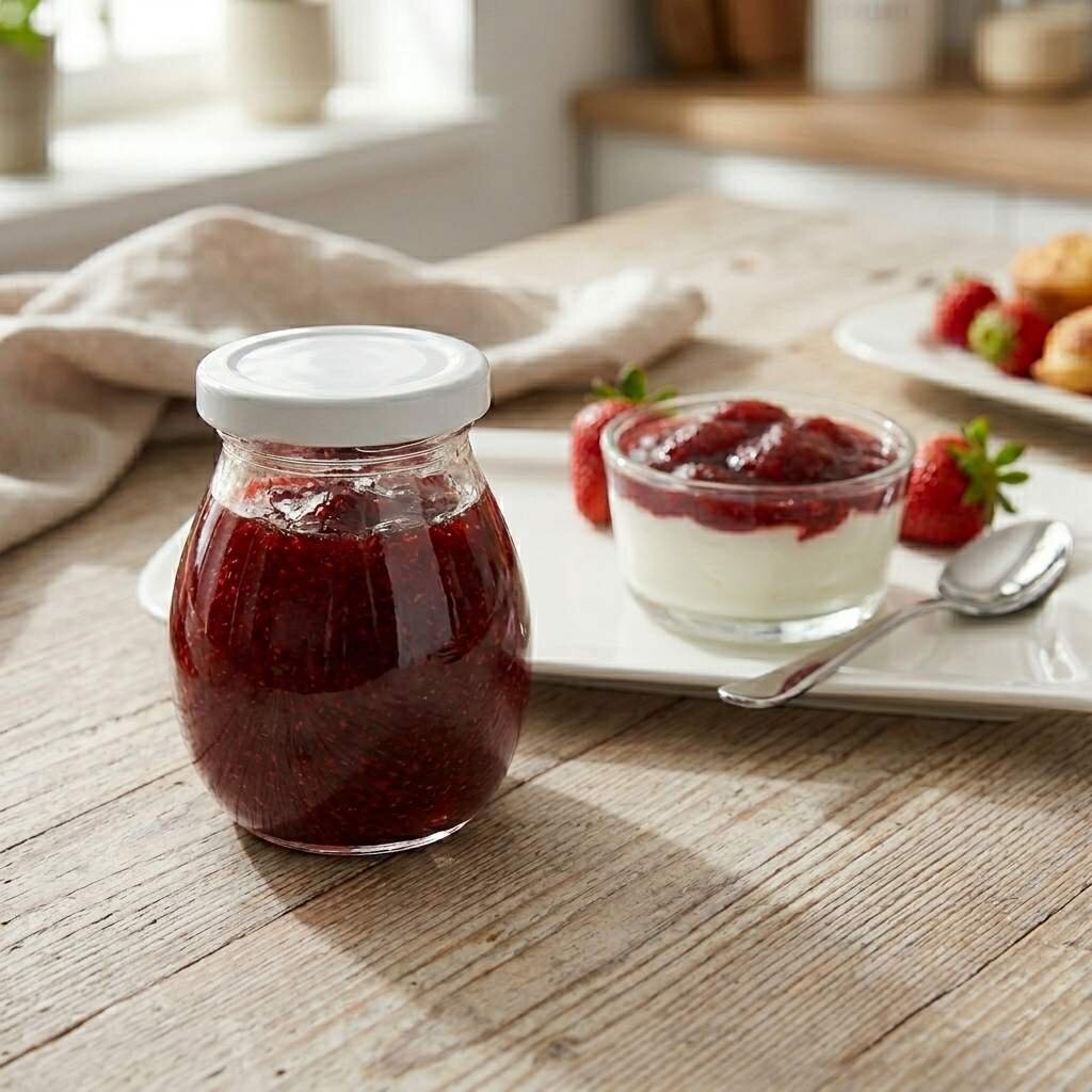 Jahodový džem ve sklenici a jogurt s jahodami